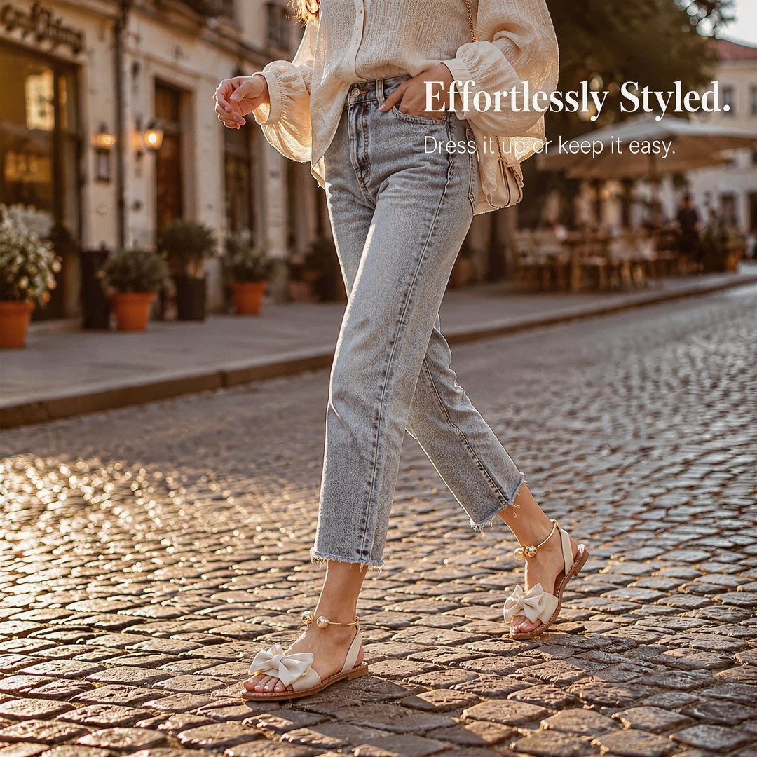 Lunabow – Bow Flat Sandals with Pearl Ankle Cuff