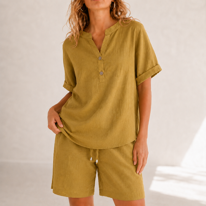 Lunessa™ – Cotton Linen 2 Piece Set Women Henley Top and Drawstring Shorts
