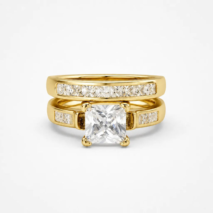 Aurelys – Matching 2-Piece Cubic Zirconia Ring Set, Princess-Cut Stackable Bridal Style, Gold or Silver Tone