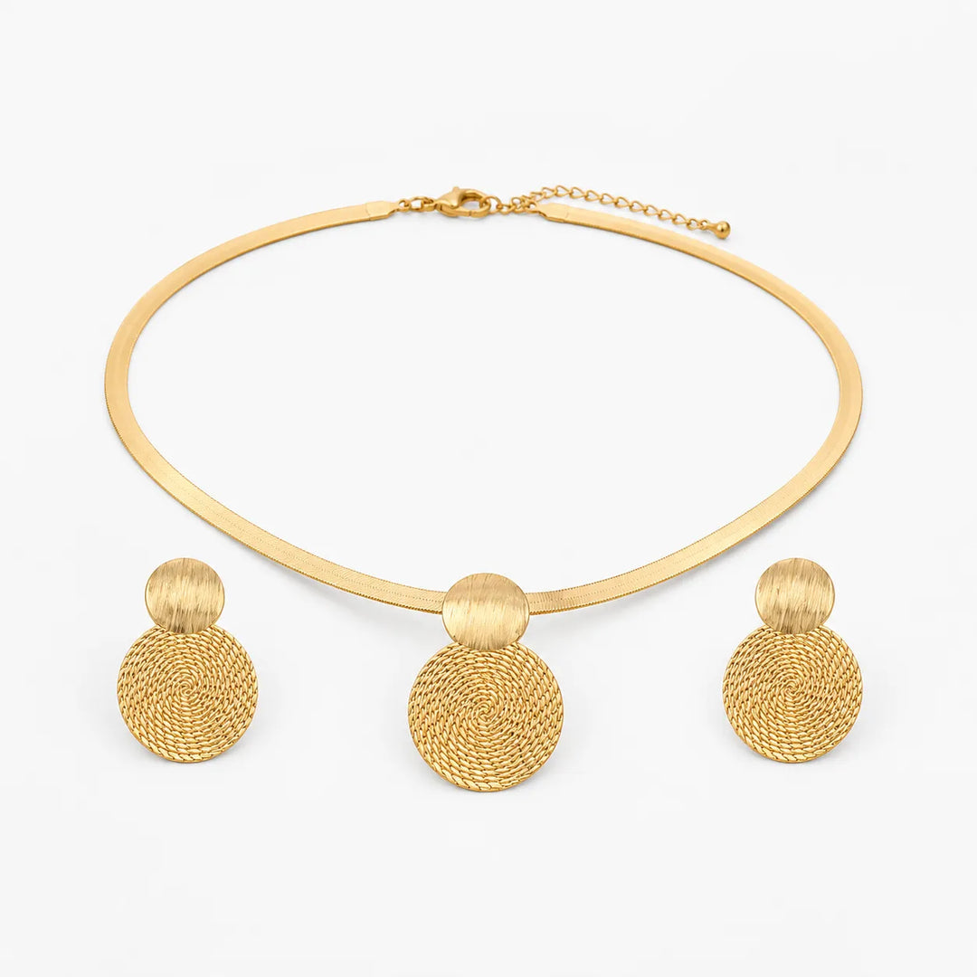 Aurenza – Gold necklace and earring set, textured medallion, flat snake chain