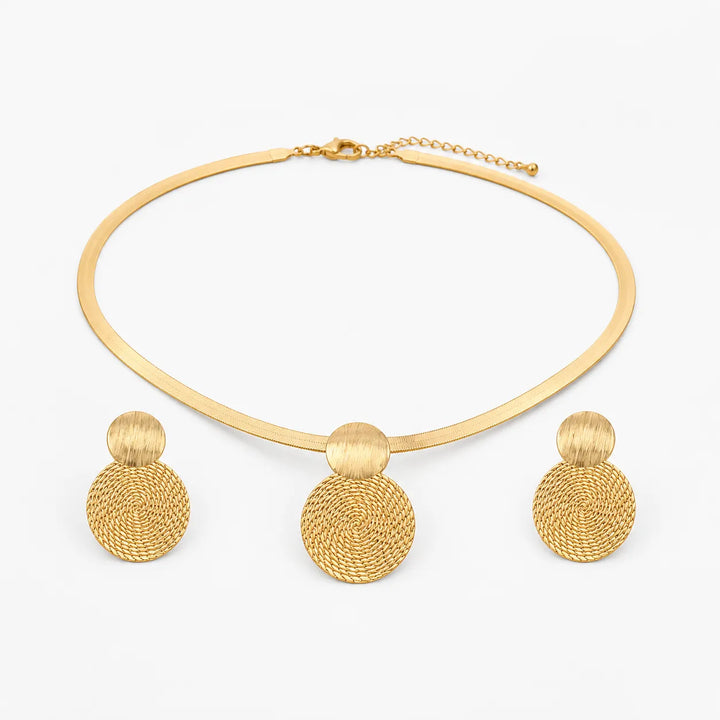 Aurenza – Gold necklace and earring set, textured medallion, flat snake chain