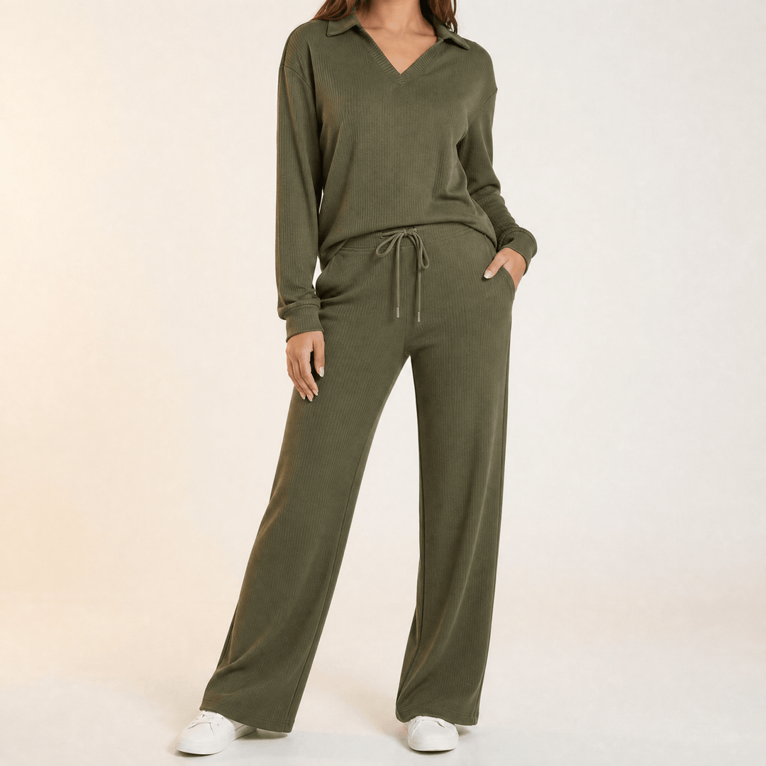 Velaire – V Neck Blouse and Wide Leg Pants Set