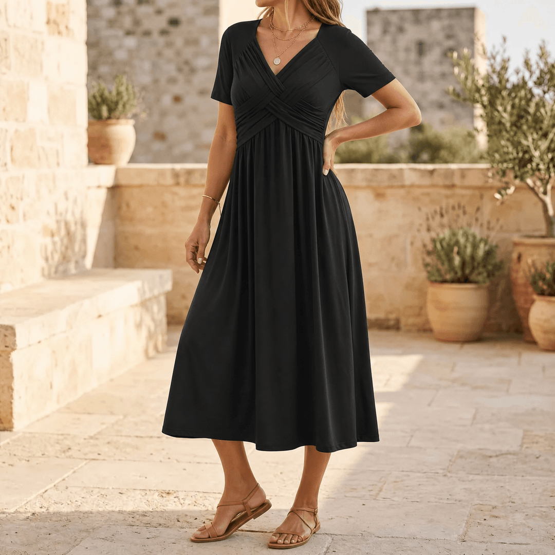 Veluna – Crossover V-Neck Midi Dress with Pockets