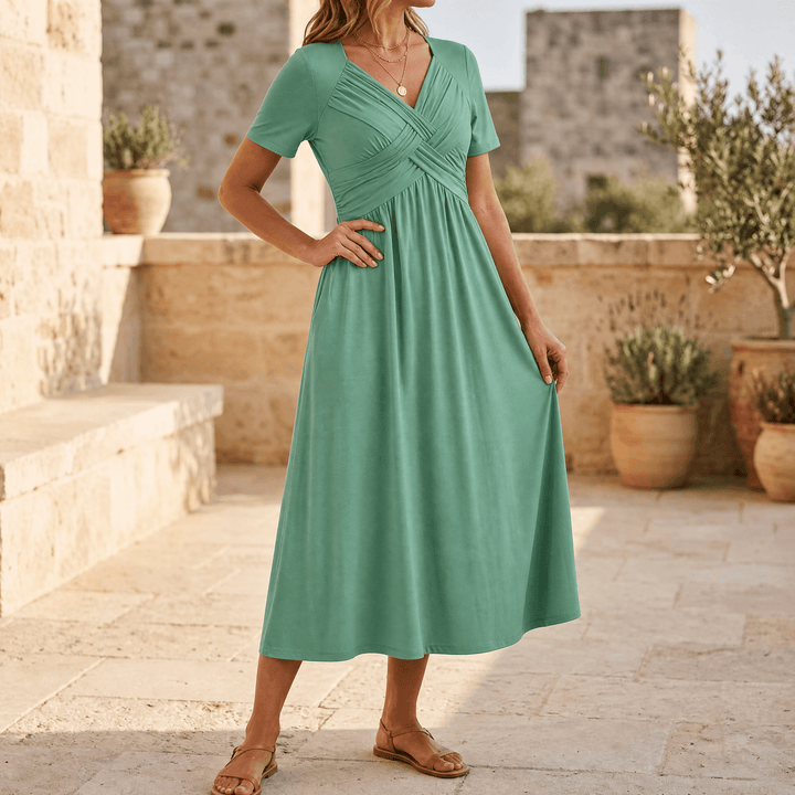 Veluna – Crossover V-Neck Midi Dress with Pockets