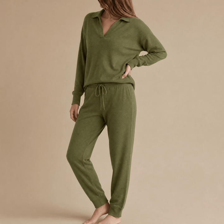 Veluna – Soft V-Neck Lounge Set with Wide Leg Pants