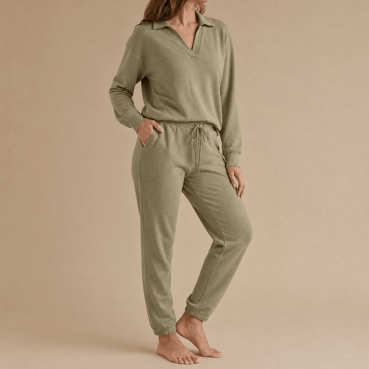Veluna – Soft V-Neck Lounge Set with Wide Leg Pants