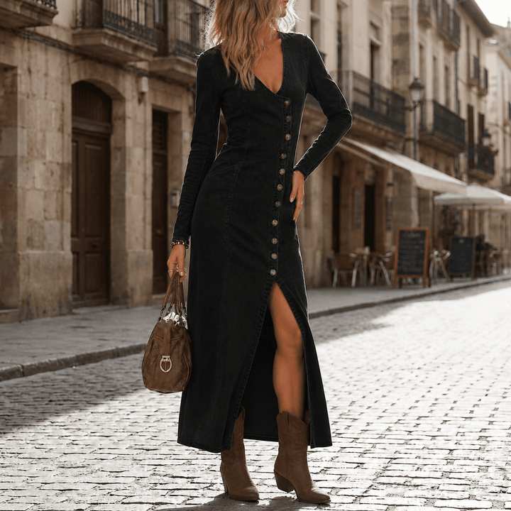 Vivara - Asymmetric Button Slit Maxi Dress