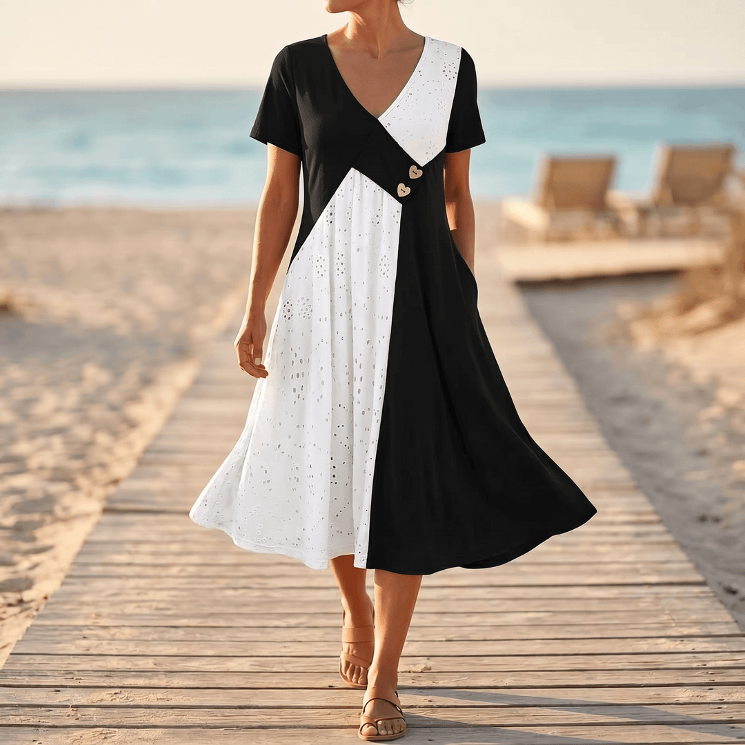 Vivara - Diagonal Patchwork V-Neck Midi Dress
