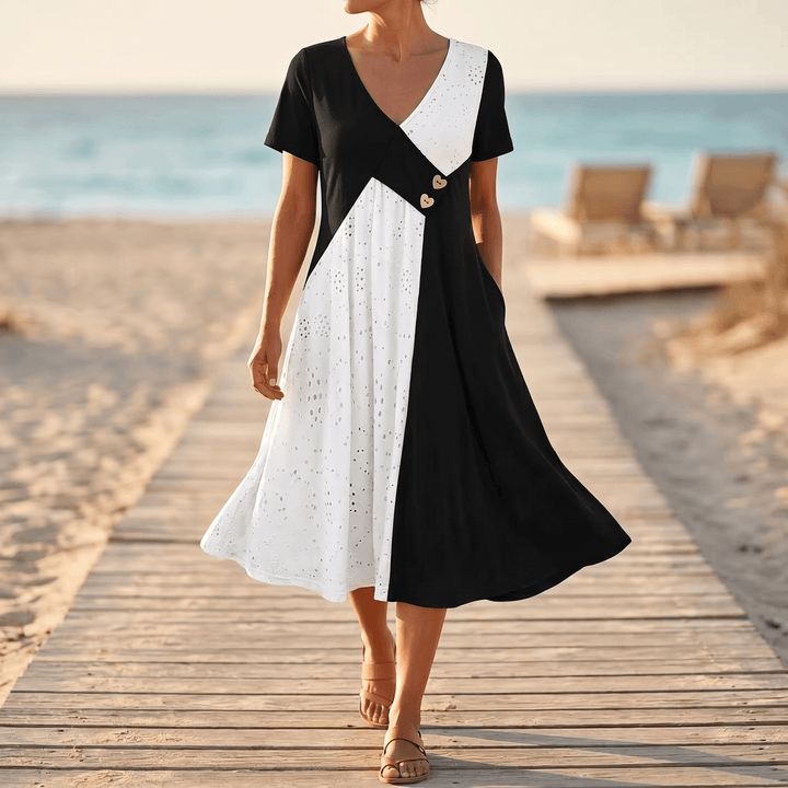 Vivara - Diagonal Patchwork V-Neck Midi Dress