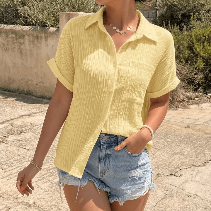 Vivara – Textured Crinkle Button Down Blouse for Women