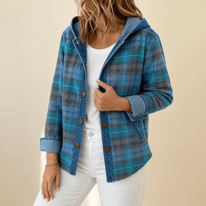 Weslyn – Women’s Contrast Denim Plaid Hooded Jacket